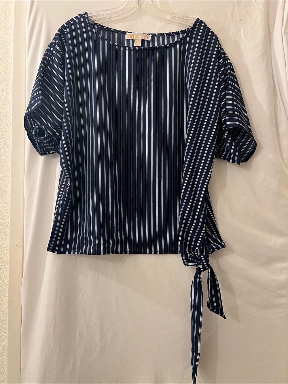 Michael Kors Navy and White Striped Side-Tie Blouse
